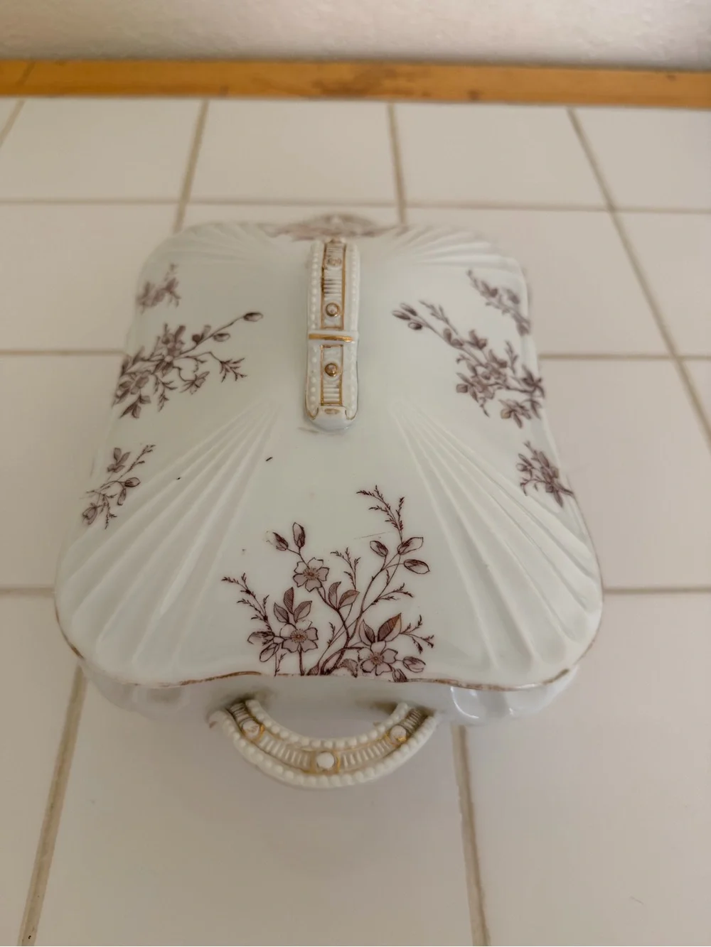 Vintage Austrian Brown Floral Covered Bone China Serving Dish Gold Trim EC